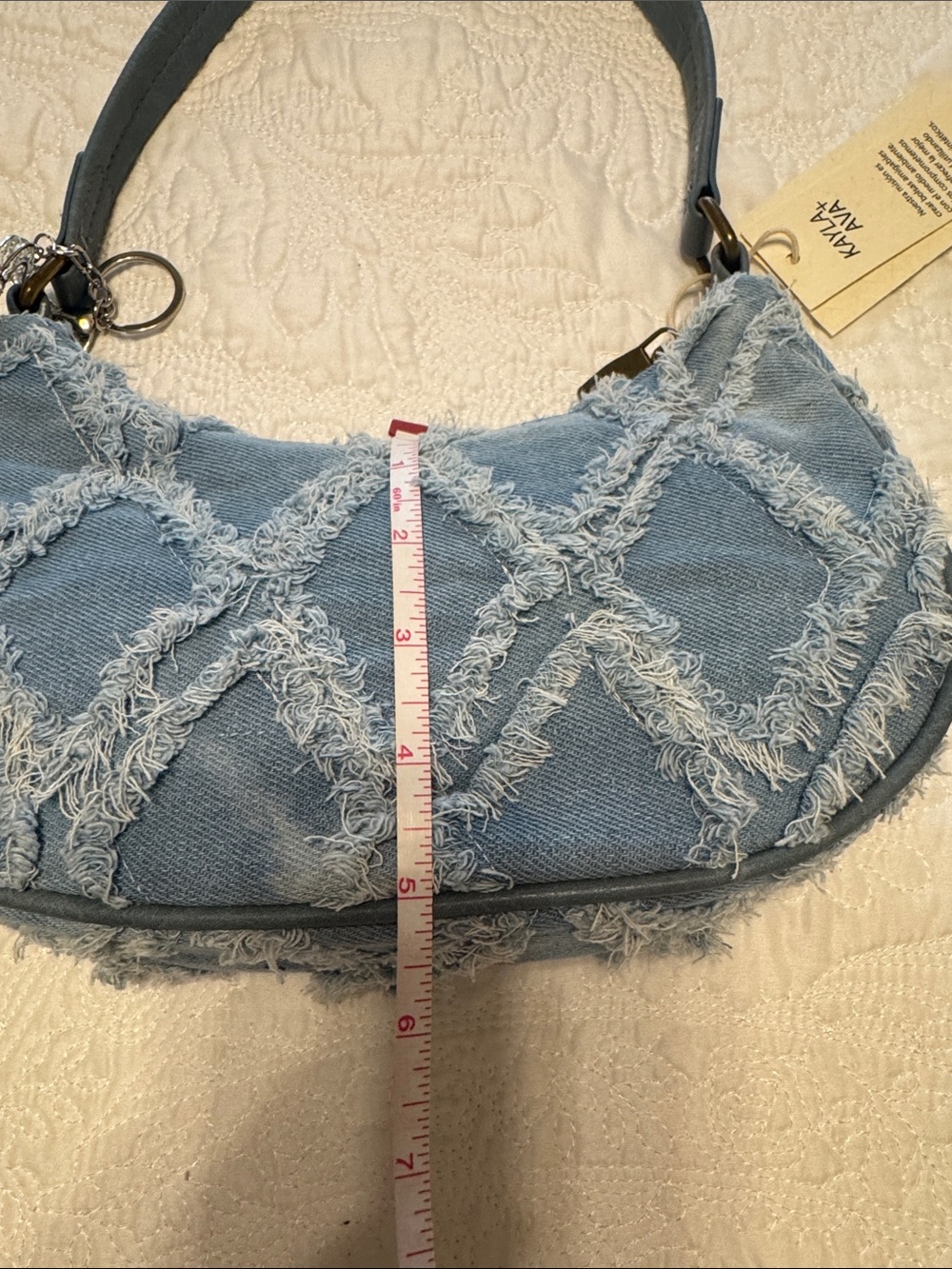 Light Blue Denim Shoulder Bag with Frayed Diamond Stitch - Picture 6 of 6